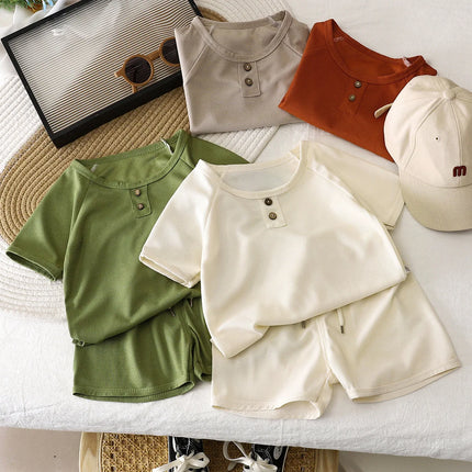 0-5Y Boys and Girls Clothing Set Summer Cotton Korean Waffle Children's Clothing Children's Comfortable Breathable Casual Set