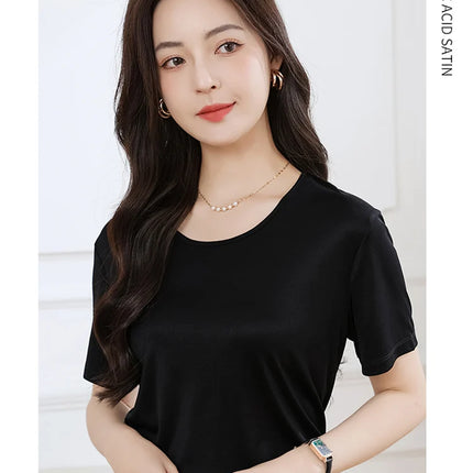 Summer High-End Women's Short Sleeve T-Shirt Acetate Fabric Knitted European Style Thin Hot Selling Top for Ladies