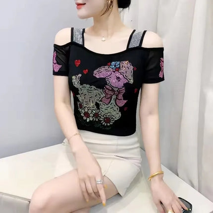 New Summer European Clothes Women's T-Shirts Luxury Butterfly Hot Diamonds Tees Sexy Streetwear Off-Shoulder Tops Shirt