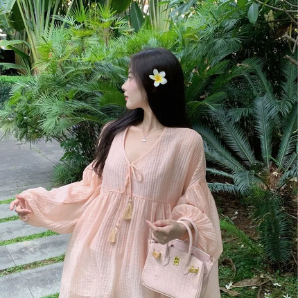 Korean Version V-neck Long Sleeved Shirt for Women's Spring 2024 New Loose Medium Long Sun Protection Shirt Top Two-piece Set