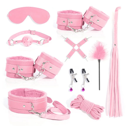BDSM Bondage Bundle Set Leather Plush Blindfold Handcuffs Whip Nipple Clip Adult Sex Toys Women Erotic Restraint Game Kit