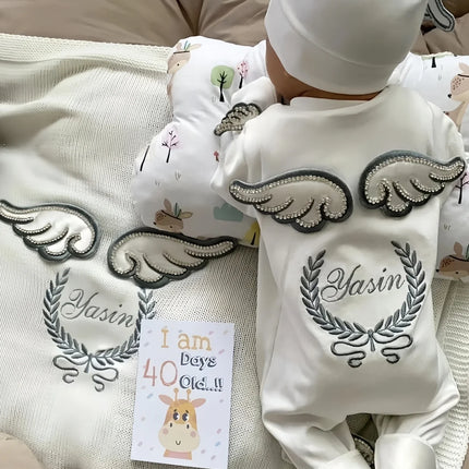 Personalized Name Baby Coming Home Outfit Angle Wing Infant Cotton Romper Onesie Blanket Pregnancy Embroidery Laurel Tree Gift