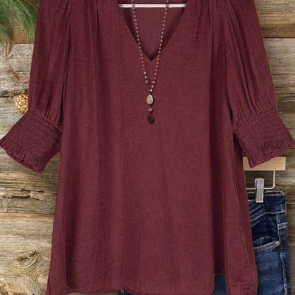 Plus Size Bohemian Style Vacation Short-Sleeved Linen Blend Shirt Top for Women