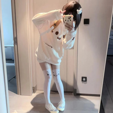 Japanese Y2k Aesthetic Cat Print Hoodies Harajuku Drawstring Sweatshirts Grunge Kawaii Pockets Women's Oversized Top 2026 New