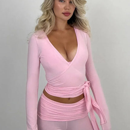 Absobe Sexy Deep V Neck Lace-up Top Women Solid Color Long Sleeve Slim Crop Cardigan Top Tee Partywear Fashion Casual T-Shirt