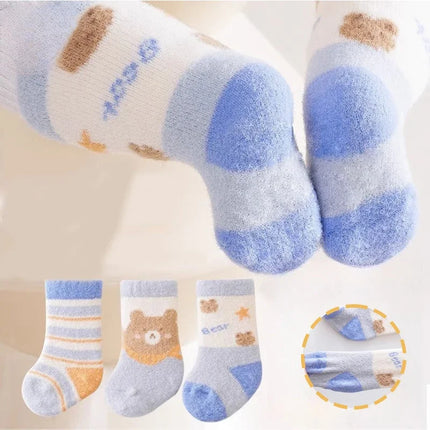 3 Pairs Kids Winter Socks Cute Cartoon Bear Rabbit Thick Plush Warm Middle Tube Socks for Boy Girl Newborn Anti-Cold Sleep Socks