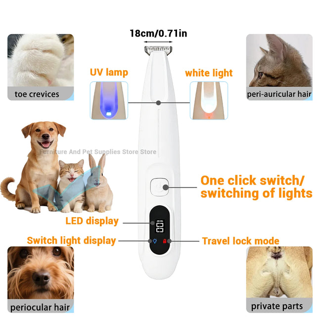 New LED/UV light dog paw trimmer fully waterproof pet hair trimmer with LED anti-misoperation display screen dog and cat trimmer