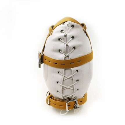 BDSM PU Leather Total Sensory Deprivation Full Head Bondage Hood Headgear Mouth Open Lockable Gimp Bondage Sex Toy for Couple