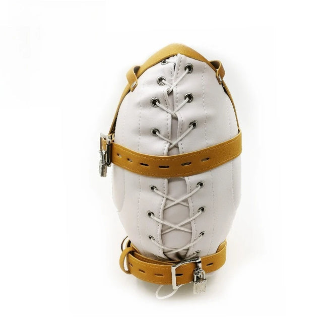 BDSM PU Leather Total Sensory Deprivation Full Head Bondage Hood Headgear Mouth Open Lockable Gimp Bondage Sex Toy for Couple