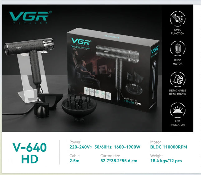 VGR 110000 RPM Professional Hair Dryer Brushless Negative Ions Blow Dryer Super Powerful Wind Lownoise Salon 1900 W Blower 640HD