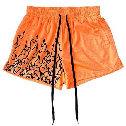 Men's Flame Print Casual Sports Shorts Breathable Mesh Adjustable Drawstring Waist Loose Fit Summer Street Daily Wear Trendy