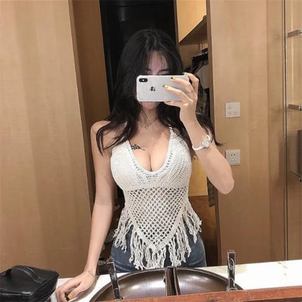 Knitted Tassels Hollow Out Tank Camis for Women Bohemian Style Halter Sleeveless Sexy Femme Corset Crop Tops Beach Tank Camisoles