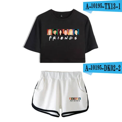 Fashion Youthful Trendy Show I'll Be There for You Short Sleeve Shorts+lovely T-shirts Dew navel Girl suits Two Piece Set