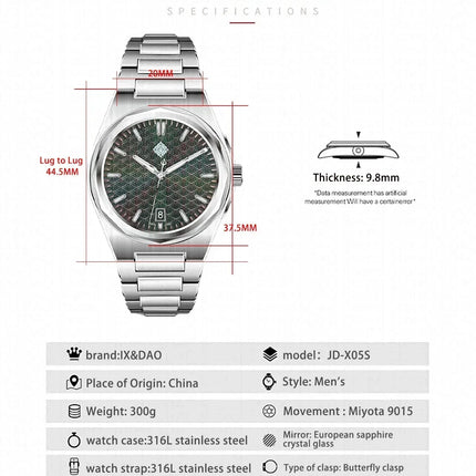 IX&DAO 2025 New 37mm Warrior Men's Automatic Mechanical Watch Miyota 9015 Movement Sapphire Stainless Steel Waterproof 10Bar BGW