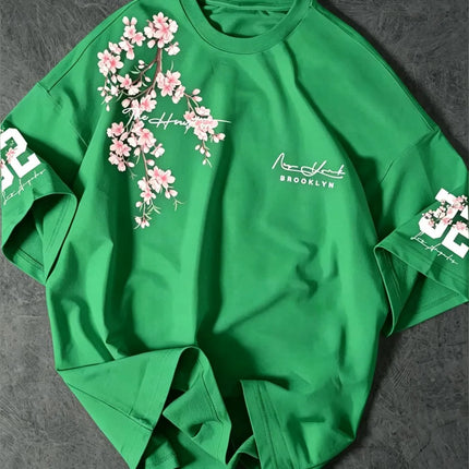 Hot selling summer men's Brooklyn cherry blossom letter print comfortable and breathable round neck T-shirt outdoor street top