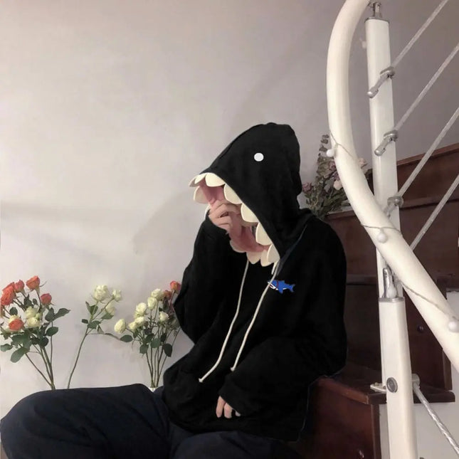Aesthetic Long Sleeve Fleece Shark Hoodies Pullover Top Coat Hooded Sweatshirts Casual Loose Shark Hat Sweater Couple Clothes