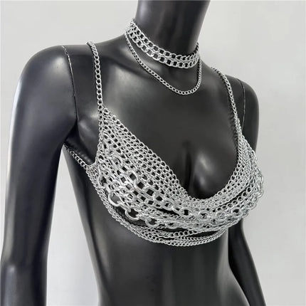 Summer Women Metal Chain Tank Top Sexy Hollow Out Backless Deep V Neck Halter Neck Crop Top Rave Party Nightclub Camisole New