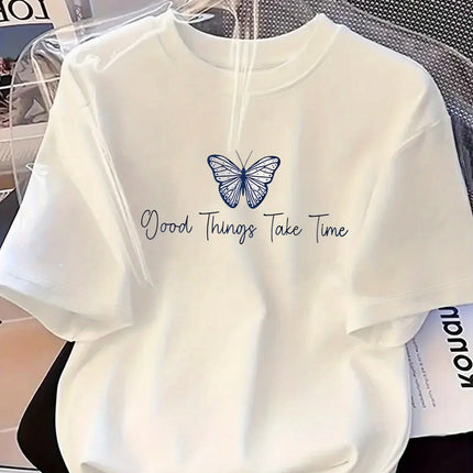 Butterfly Print Summer Women's Casual Crew Neck Short Sleeve T-Shirt Regular Fit Comfortable for Women Daily Wear Clothing