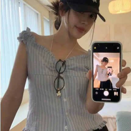 Korean Sle ort Striped Vest Women Summer Outerwear Subtle Design Single Button Lobone Trendy Age-Defng Top
