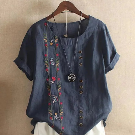 Retro Cotton Linen Short Sleeve Embroidered Flower Women's T-shirt Wish Brand Crew Neck plus Size Shirt from Mainland China