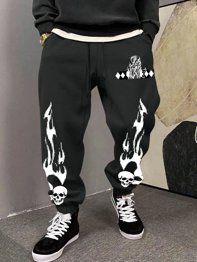 Men's Gothic Skull Flame Lady Figure Rhombus Print Sweatpants Elastic Waist Soft Dark Punk Street Hip Hop Joggers