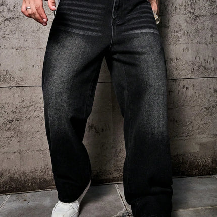 1pc Vintage Style Men's Black Washed Distressed Loose Wide Leg Relaxed Straight Jeans, Perfect Gift for Husband, Boyfriend