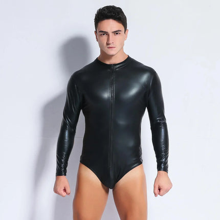 Black Long Sleeve Shiny PU Leather Bodysuit Zipper Hot Shapers Men Body Tops Shirts Gothic Tights Clubwear Tshirt Leotard