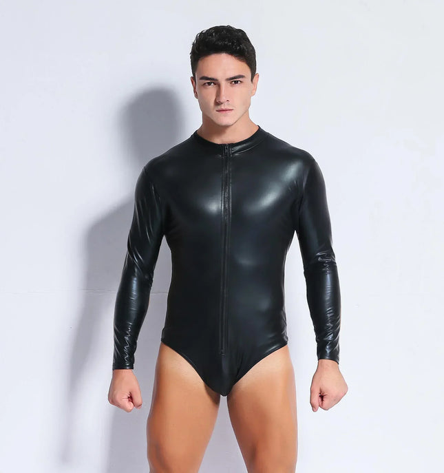 Black Long Sleeve Shiny PU Leather Bodysuit Zipper Hot Shapers Men Body Tops Shirts Gothic Tights Clubwear T-Shirt Leotard