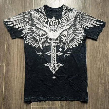 AFFICTION Red Goth Short Sleeves Men Women Vintage Cotton Couple Matching Hip Hop Streetwear Distressed Round Summer Grunge Tee