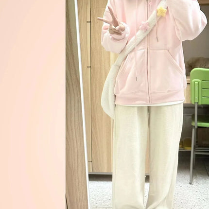 Autumn Winter Thickened Fleece Hooded Sweatshirt Lazy Style Solid Color Open Cardigan Zipper Top Women's Pink Sweatshirt
