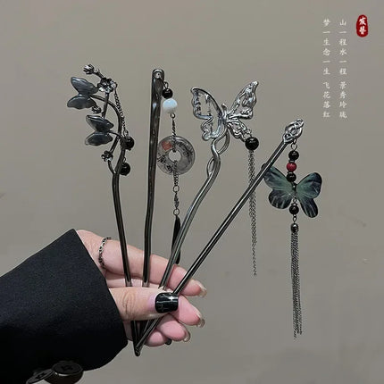New Chinese Style Butterfly Flower Tassel Hair Stick for Women Vintage Metal Hanfu Chopstick Hair Sticks Ebony Hair Accessories