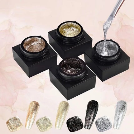 Reflective Glitter Gel Polish Mirror Chrome Effect Gold Silver Black UV Cured Long Lasting Shiny Salon Home DIY Nail Art