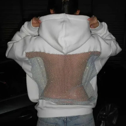 Women’s Backless Hollow Mesh Hoodie Long Sleeve Solid Color Sweatshirt Casual Top for Autumn and Winter Perfect Christmas Gift