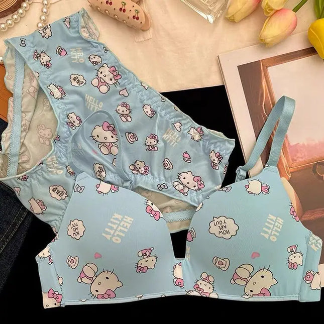 Sanrio Hello Kitty Women underwear Sexy Bra Panty Set Cartoon No Wire Push Up Underwear Female's Breathable Gathered Bra Gifts
