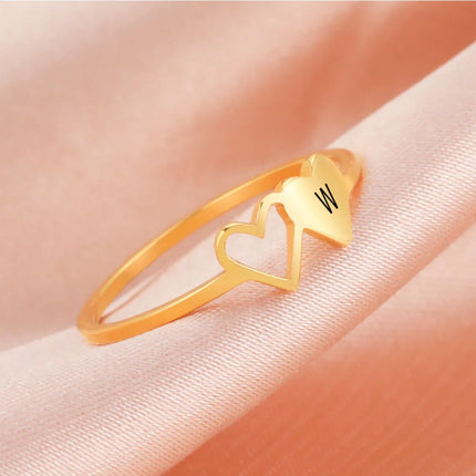 COOLTIME Initial Letter Ring for Women Stainless Steel A-Z Alphabet Double Heart Rings Fashion Wedding Anniversary Birthday Gift