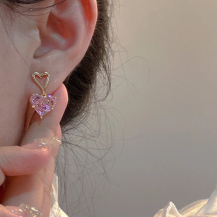 Y2K Heart Jewelry Set 3pcs Pink Crystal Zircon Pendant Earrings Necklace for Women Elegant Gift