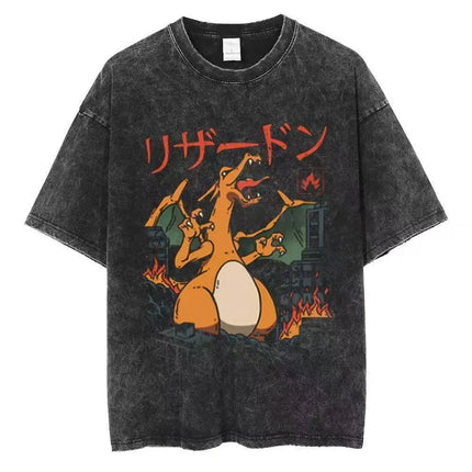 2026 Anime Washed Vintage Summer Pokemon Gengar Short Sleeve Tee Graphic T-Shirt Man Women Cosplay Casual Tops Y2k Streetwear