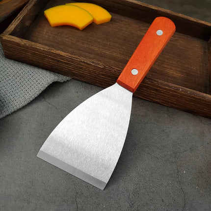 Stainless Steel Oblique Spatula Steak Burger Pancake Pizza Scraper Shovel Wooden Handle Barbecue Utensils Kitchen Cooking Tools