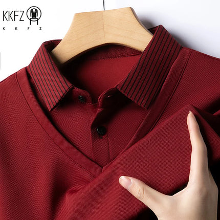 Men's Casual Fashion Long Sleeve Solid Color Polo Shirt 2025 Business Versatile Top All Season Fake Two-Piece