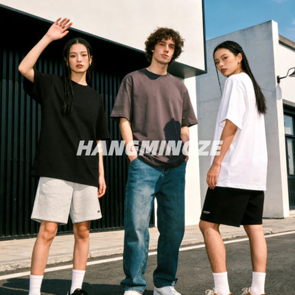 Oversize T-shirts 230GSM Cotton Couple T-Shirt High Street Short Sleeves Tee Shirt Solid Color Casual Loose Basic Streetwear Top