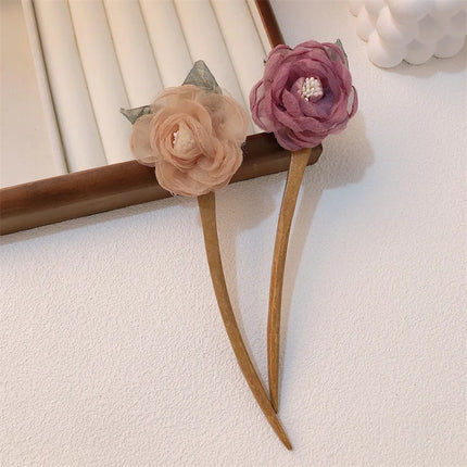 New Rose Hair Stick Bun Flower for Women Girls Elegant Wooden Hair Fork Chinese Style Fashion Hairpin Hair Accessories Headwear