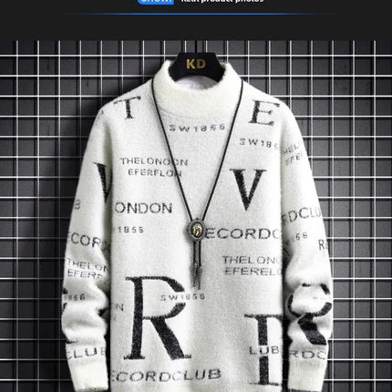 Men's Autumn Winter Fleece Lined Knitted Half High Collar Sweater Letter Pattern Thick Warm Casual Wear for All Seasons