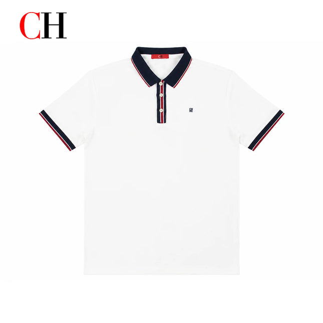 CH Men Multi Stripe Placket Short Sleeve Polo Shirt Tiny Red Embroidery Left Chest Old Money Quiet Luxury Coastal Vacation Wear