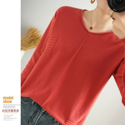 2023 Autumn/Winter Women's New Pullover Casual Solid 100% Cotton Knitted V-Neck Loose Sweater Fashion Soft Breathable Top