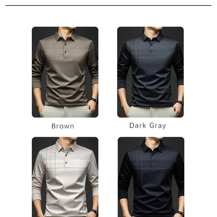 Formal Polo Tshirts Men Graphic Design Long Sleeve Shirt Collar Office Work Polo Tops Man Clothing