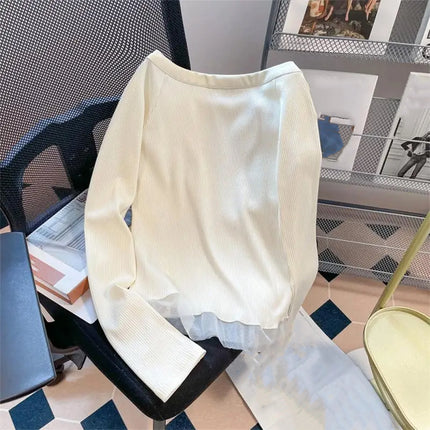 Y2K Aesthetic Fairy Off Shoulder Tops Women Long Sleeve Music Note Print Slim Fitted T-Shirt Ruffle Blouse Clothes