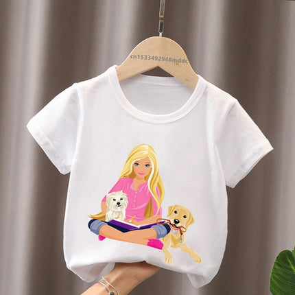 Hot Sale Barbie Princess Print Cartoon Kids T-Shirts Kawaii Girls Clothes Baby Boys Short Sleeve T shirt Summer Children Tops