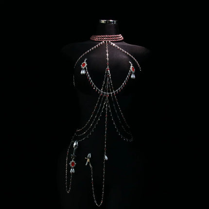 Red Tassel Gem Nipple Clamps Erotic Collar Body Chain Chest Restraint BDSM Women's Sexy Body Accessories Fetish Adult Sex Toys