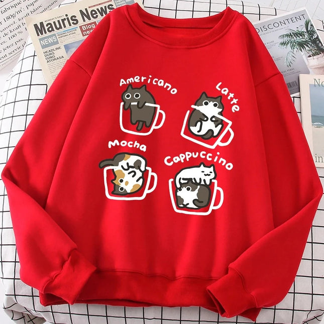 American Style Coffee Cat Cute Print Cartoons Hoodie Women Sweatshirt Loose Warm Clothes Personality Autumn Hoody Clothing