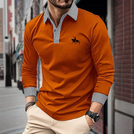 Men's Houndstooth Patchwork Long Sleeve Polo Shirt Classic Casual Business Tops Breathable Lightweight Knitwear for Spring Fall